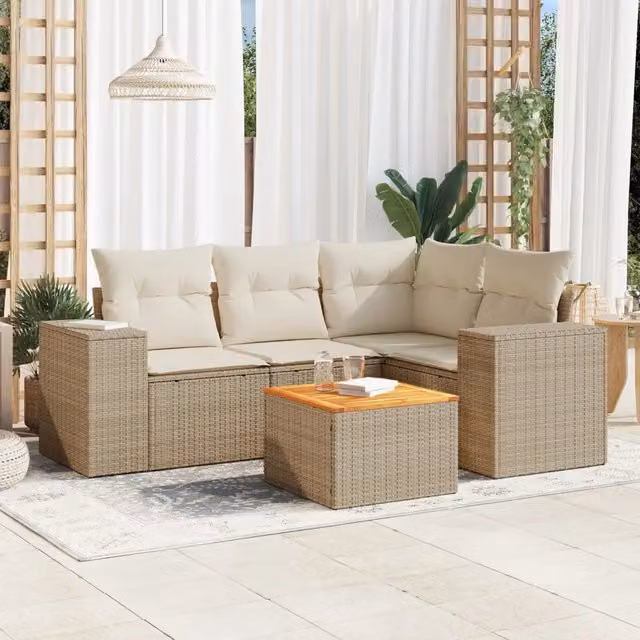 Set Divano da Giardino a L VIDAXL in Polyrattan Beige con 5 Cuscini Moderno