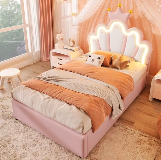 Letto imbottito 90x200 cm con contenitore idraulico; LED e testiera regolabile in PU rosa