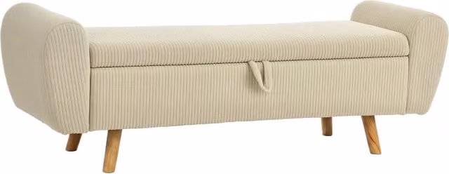 Panca contenitore con seduta imbottita e braccioli arrotondati, in legno e tessuto a coste beige