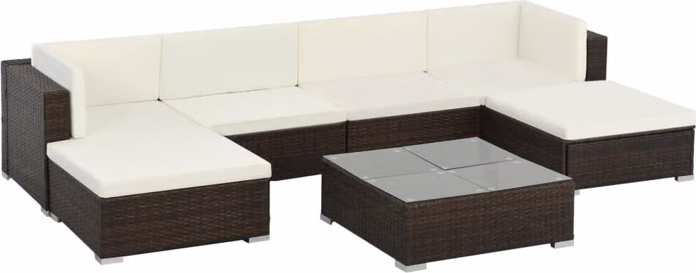 set 7 pezzi da giardino con cuscini in rattan marrone