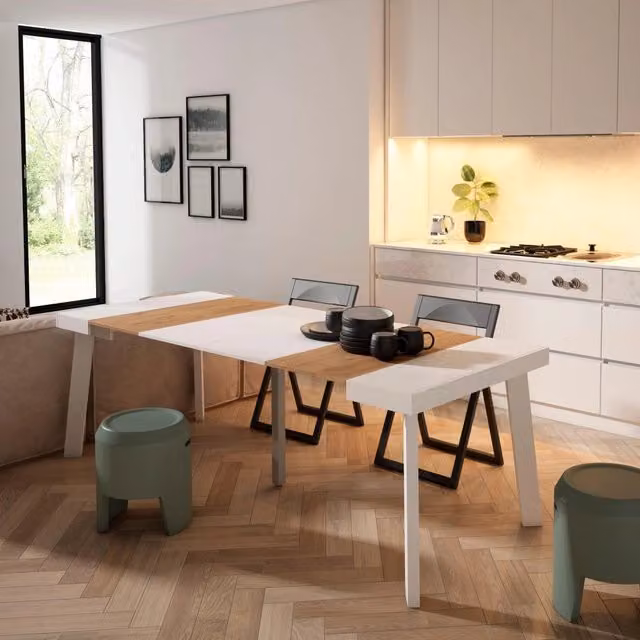 Consolle allungabile, 222x90x73cm, Per 10 persone, Gambe in legno, colore Rovere e bianco RF3017