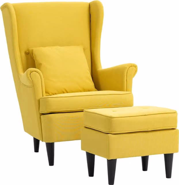 Poltrona con Poggiapiedi HOMCOM in Stile Contemporaneo, Tessuto Effetto Lino e Legno di Caucciù, L/P/H: 75 x 83 x 104 cm, Giallo