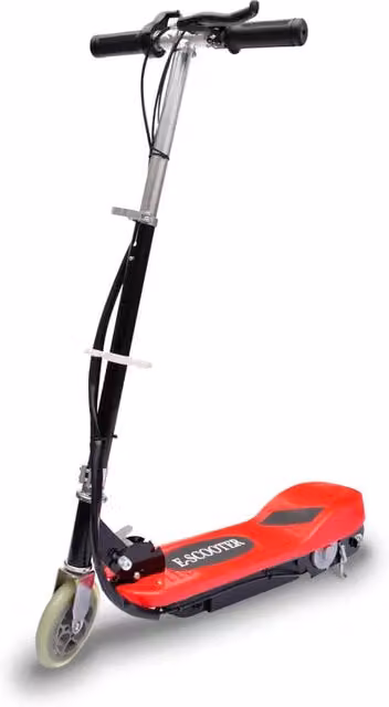 Monopattino elettrico pieghevole rosso e nero con batteria ricaricabile e freno in metallo