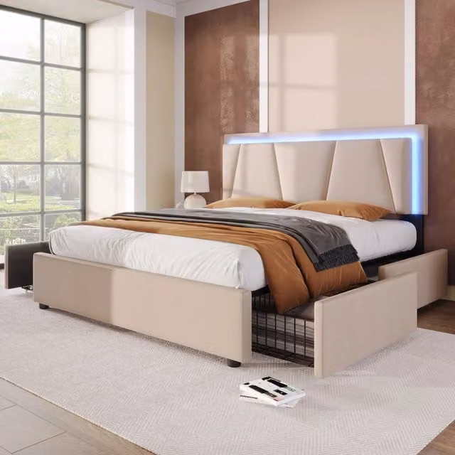 Letto matrimoniale imbottito 140x200 cm con 4 cassetti; LED; testiera regolabile e rete a doghe in legno; beige