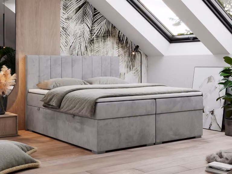Letto boxspring 200x200, letto 200x200 con materasso e topper, letto boxspring con cassetti, letto matrimoniale - LOPE - 200x200 - Grigio chiaro - Velvet - H3