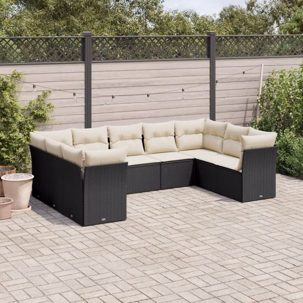 vidaXL Set Divani da Giardino 9 pz in Polyrattan Nero con Cuscini e Rivestimenti Rimovibili – 1