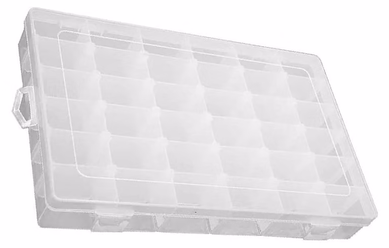 Contenitore con 36 scomparti, in plastica trasparente, ideale per gioielli e piccoli oggetti