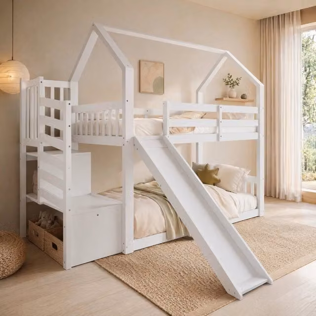Letto a castello a casetta ULEVR 90x200 cm con scala contenitore, scivolo e sponde, bianco