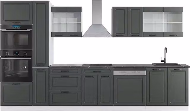 Mobile da cucina Vicco R-Line Antracite e Bianco con armadio alto e ante in vetro, L: 350 cm, H: 206,8 cm, P: 60 cm