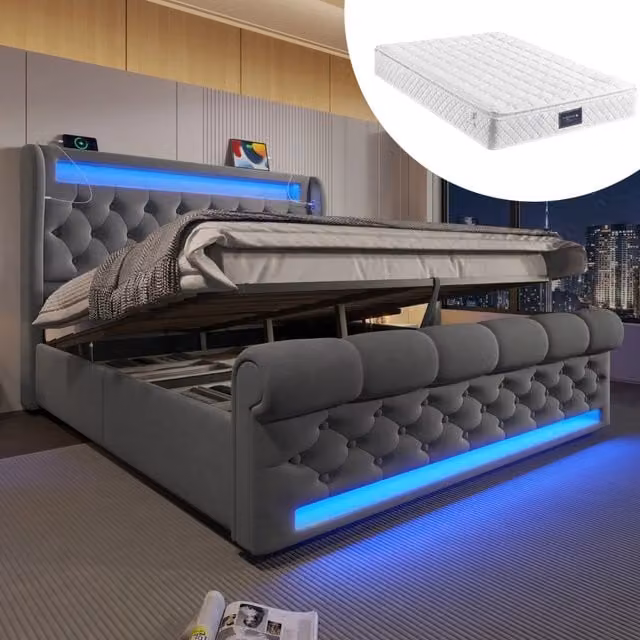 Letto matrimoniale imbottito grigio 160x200 cm con LED, contenitore idraulico e stazioni di ricarica USB e Type-C, con materasso incluso