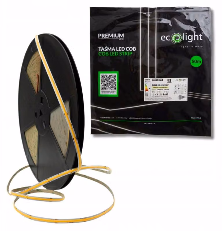 Striscia LED COB senza punti luminosi, 24V, 50 metri, 9W/metro, 990 lumen/metro, 3000K (luce calda), IP20, per uso interno