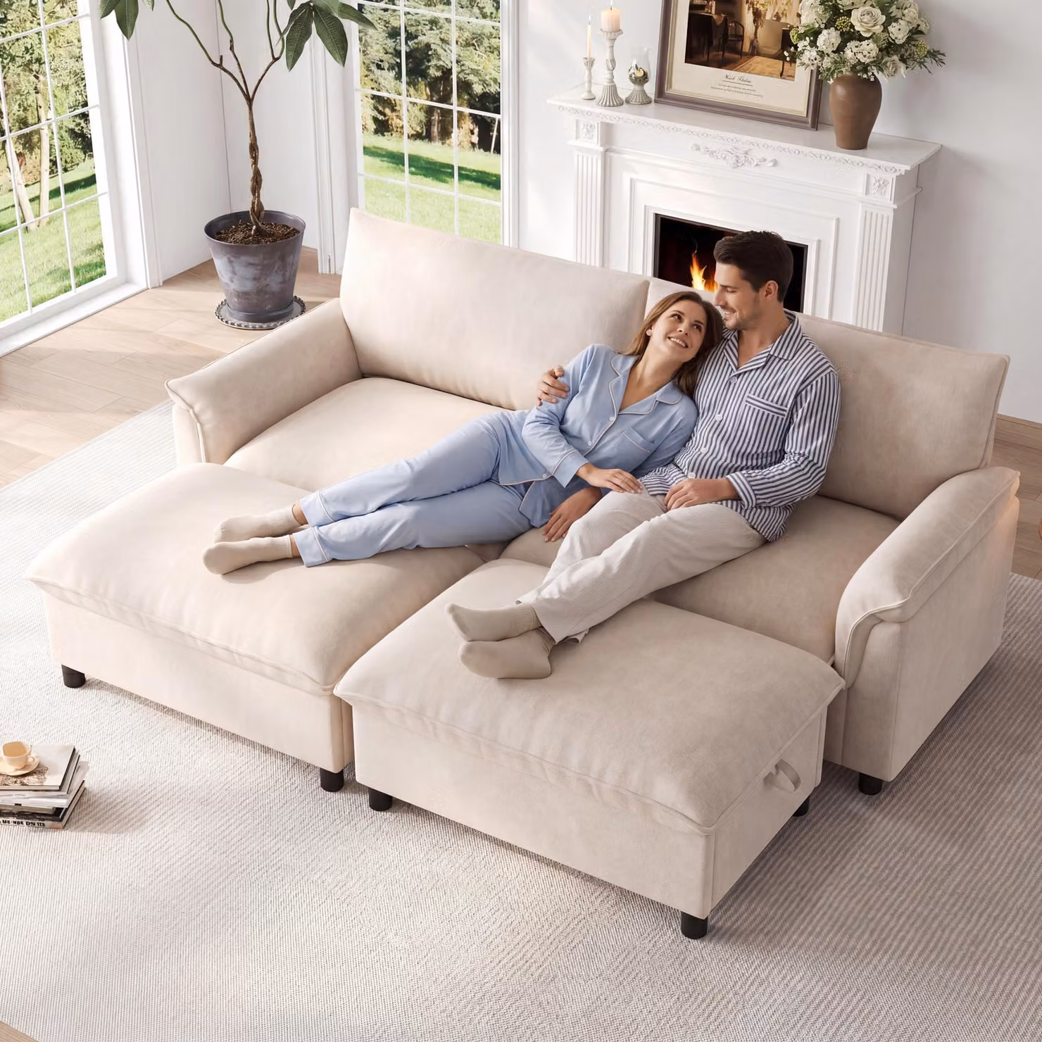 Divano Merax Cloud a 4 posti, divano angolare modulare con funzione letto, 2 pouf contenitori, divano in ciniglia, divano da salotto grande con seduta profonda, divano, beige