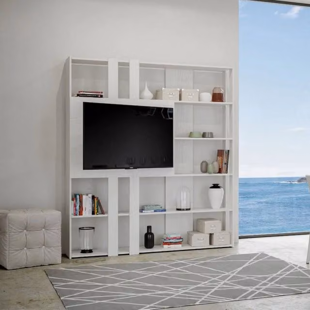 Composizione Libreria Kato 6R 2 fianchi 2 fasce lunghe 2 fasce corte 2 fasce medie pannello TV - Bianco Frassino,L