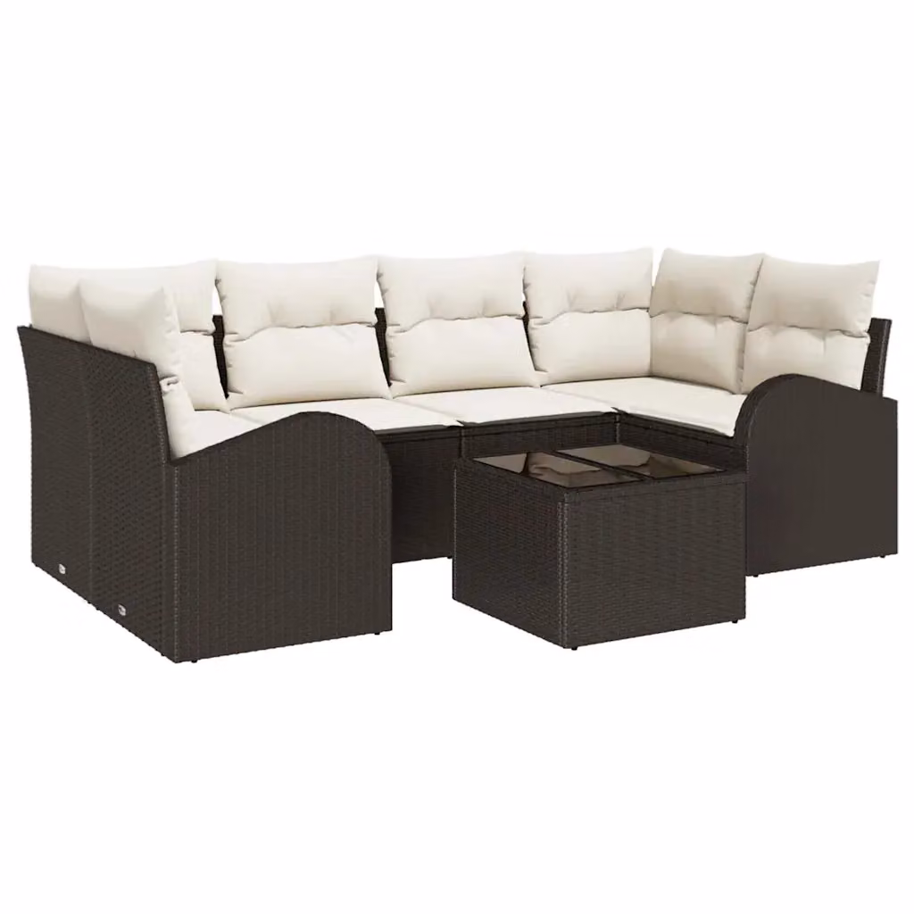 vidaXL Set Divano da Giardino a L con 7 Pezzi, Marrone e Beige, Struttura in Acciaio e Cuscini Inclusi – 1