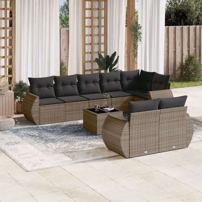 vidaXL Set Divano da Giardino a L 9 pz in Polyrattan Grigio con Cuscini e Tavolino