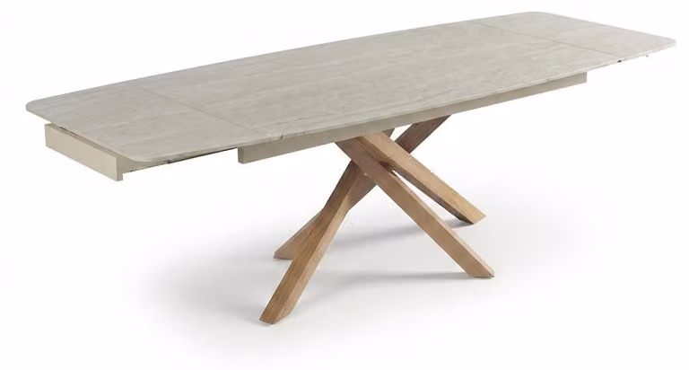 Tavolo da pranzo, finitura effetto legno beige, struttura in metallo, design moderno, stile di tendenza