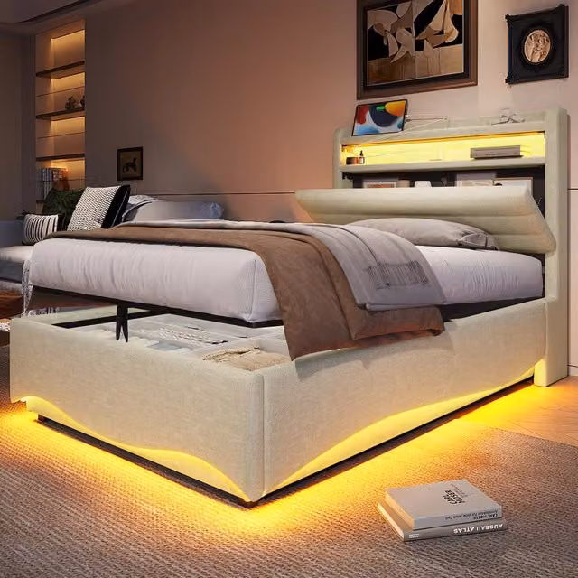 Letto imbottito 90 x 200 cm, senza materasso, con LED, meccanismo idraulico, USB e Type-C, vano e mensole portaroggetti - Beige, lino