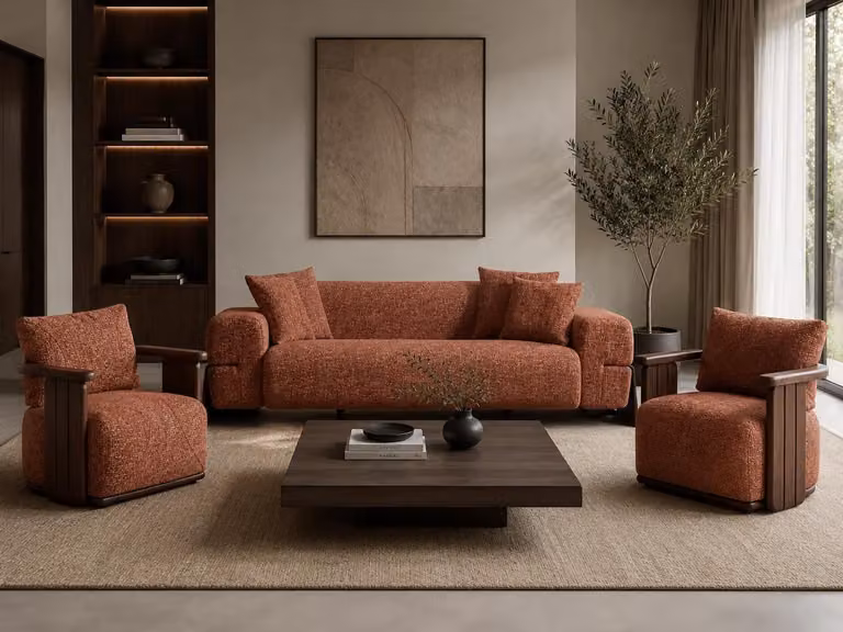 Wohnzimmer Set 3-Sitzer Sofa 2 Sessel Braun Stoff Holz Modern Design