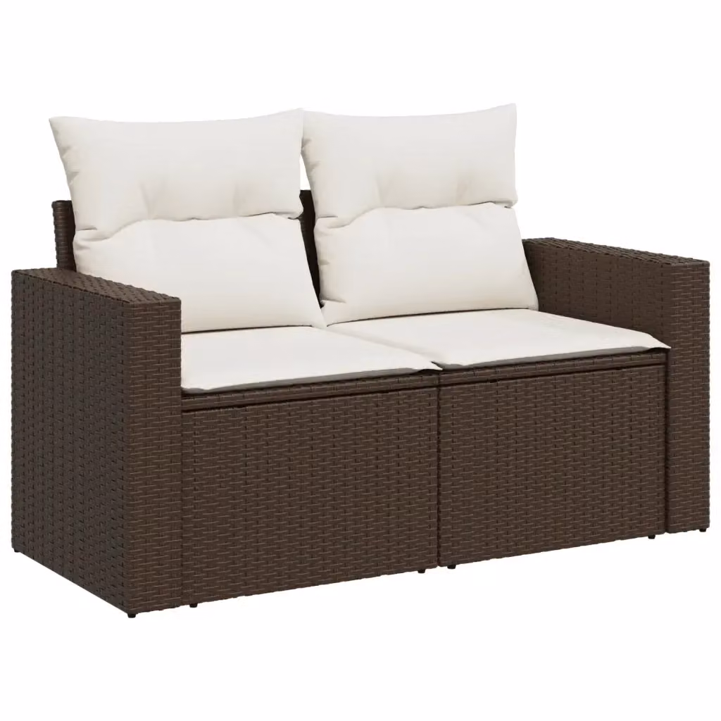 Divano da giardino a 2 posti vidaXL in polyrattan marrone e bianco con cuscini inclusi – 2