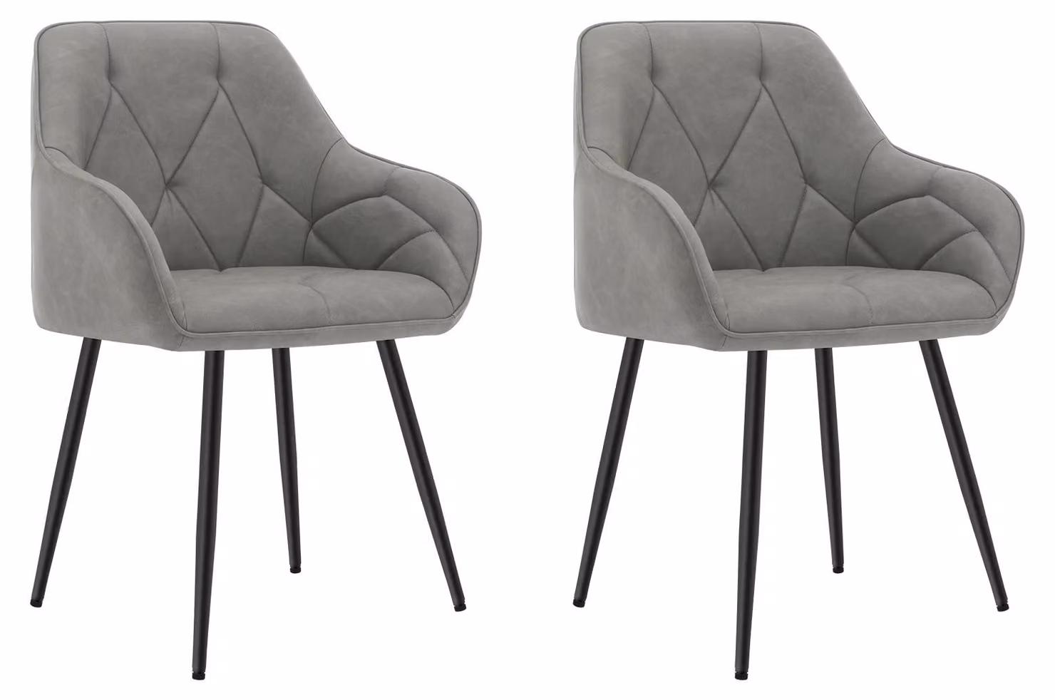 Set di 2 sedie da pranzo - Sedie da cucina ergonomiche - Seduta imbottita - Schienale e braccioli - Gambe in metallo - Da montare autonomamente - Pelle grigio scuro