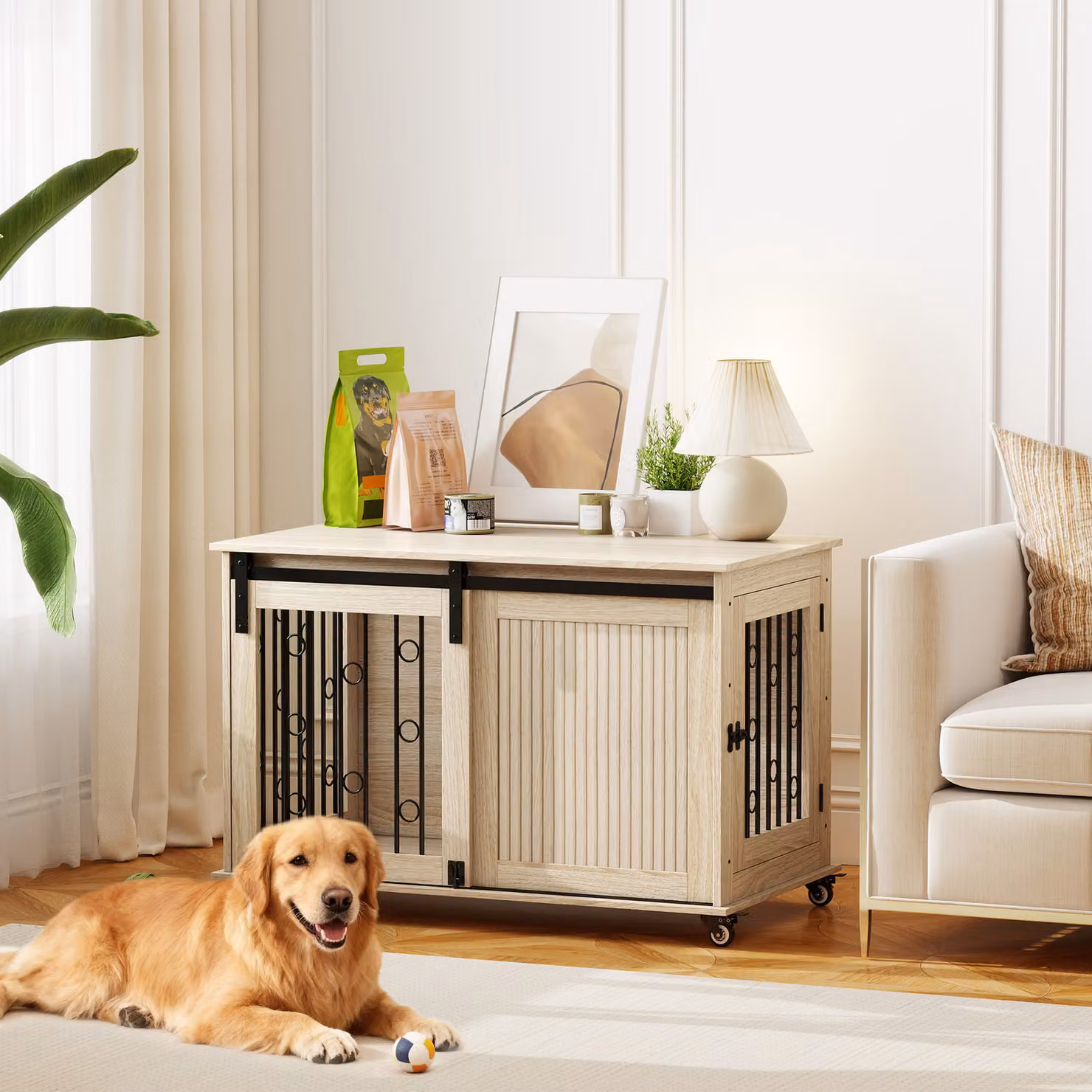 PawHut Box per cani su ruote con porta scorrevole in legno e acciaio, Rovere, L 100 x P 56 x H 65 cm – 2
