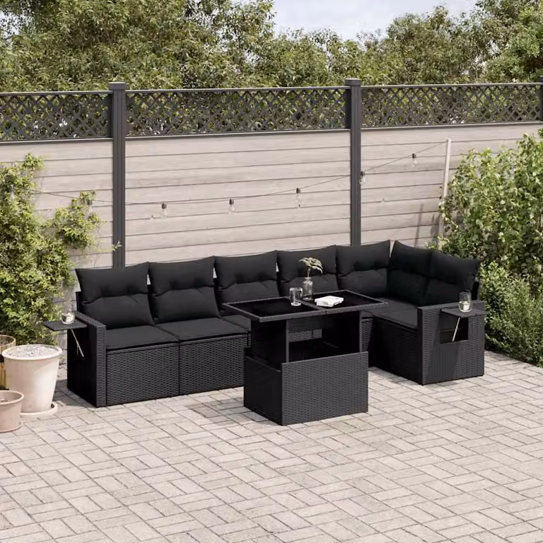 Set Divani da Giardino a L vidaXL in Polyrattan Nero con 7 Cuscini e Tavolino da Esterno