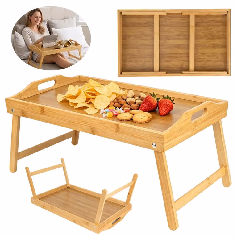 Vassoio per la colazione in bambù - Vassoio da letto - Gambe pieghevoli - Supporto integrato per dispositivi - Maniglie laterali - 50 x 30 x 25 cm - Piano porta laptop