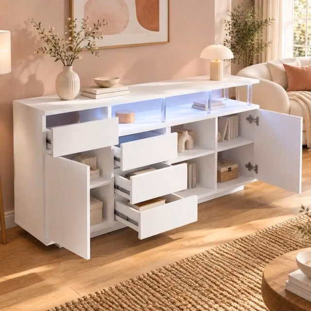 Credenza ULEVR 160x40x75 cm bianca con LED, 4 cassetti, 2 ante e ripiani regolabili
