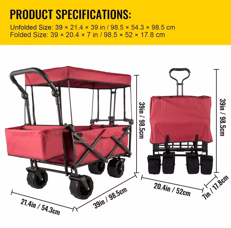 Carrello pieghevole per giardinaggio, con tettoia, ideale per trasportare la spesa, per la spiaggia, per il trasporto di oggetti pesanti e adatto a qualsiasi terreno grazie alle sue ruote all-terrain