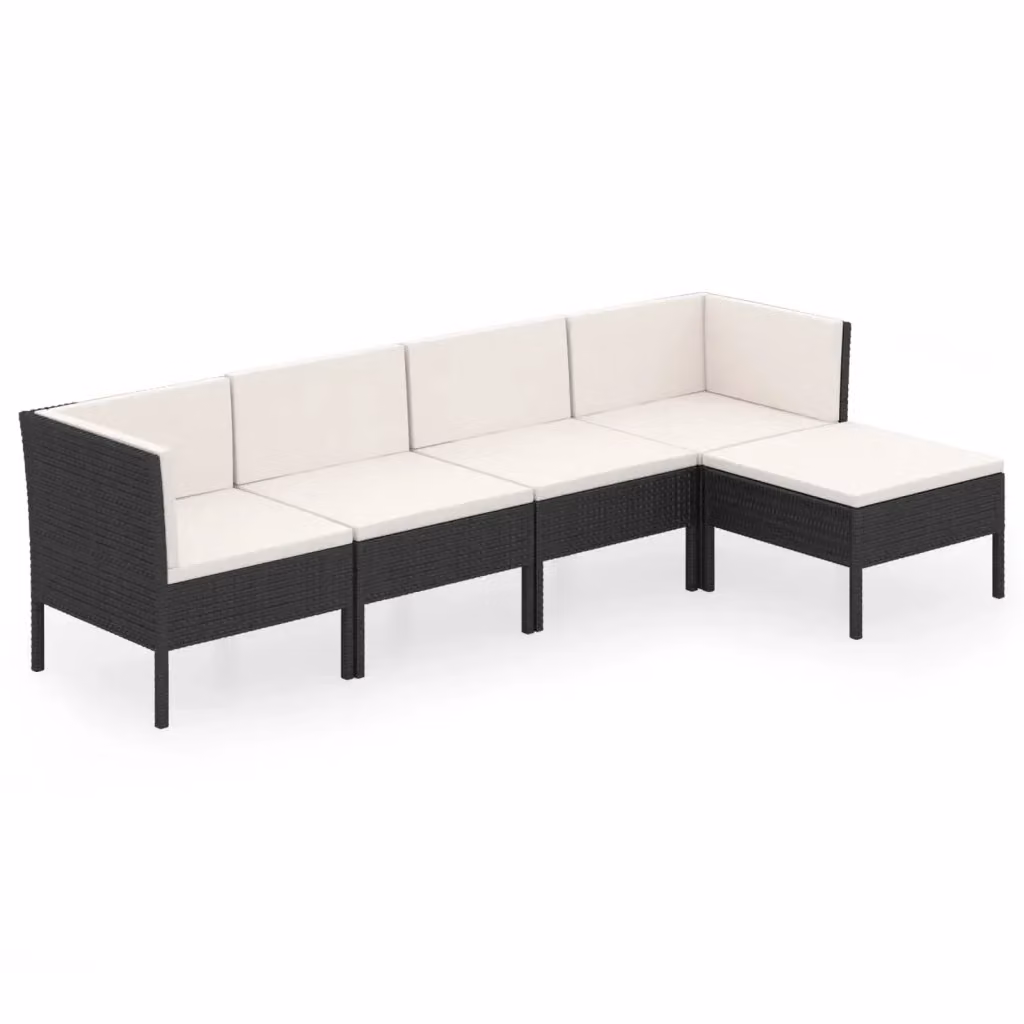 Set di Divani da Giardino a L con 5 Pezzi vidaXL, Polyrattan Nero e Bianco con Cuscini e Ottoman – 2