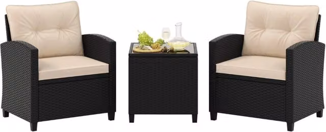 Set da giardino 3 pezzi in rattan con cuscini morbidi, Set di seduta in rattan per giardino e piscina Beige