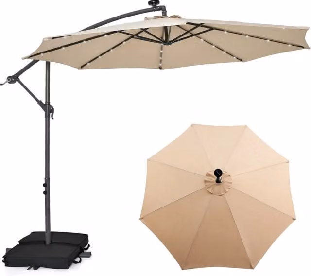 Ombrellone pendente da esterno DESIGN IN con 32 luci LED a pannello solare, colore beige, diametro 300 cm