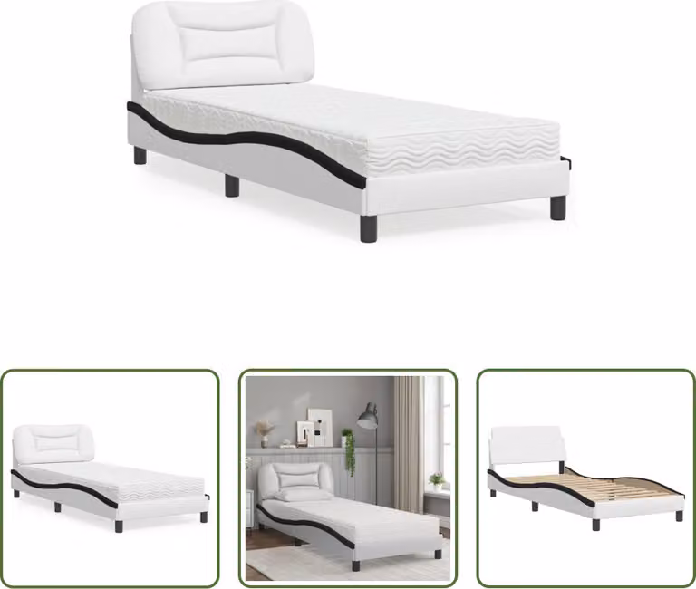 The Living Store Letto con materasso bianco e nero 90x200 cm in ecopelle