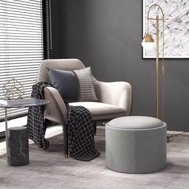 POUF Contenitore Rotondo REDOM Grigio in Tessuto e MDF L/P/H: 56 x 56 x 42 cm