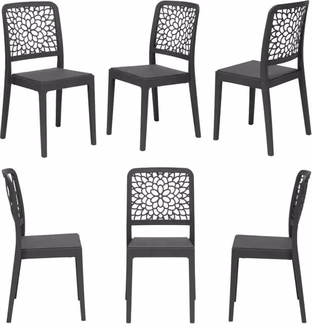 Set 6 sedie in polipropilene TICHE, 100% MADE IN ITALY, impilabile, idrorepellente, resistenza raggi UV, design moderno floreale per sala da pranzo, cucina, bar, ristoranti, esterno, colore Antracite