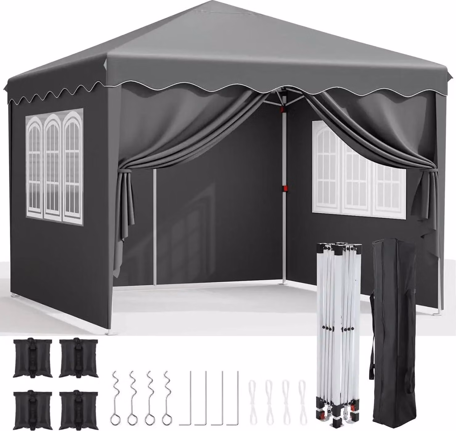Gazebo pieghevole - Tenda per feste 3 x 3 m - Pareti laterali con finestre - Altezza regolabile 176-200 cm - Struttura in acciaio - Tessuto Oxford rivestito in PVC - Borsa arrotolabile - Grigio scuro