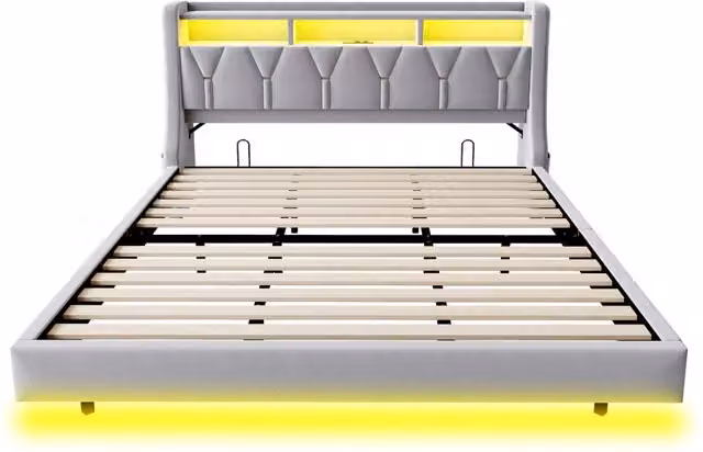 Letto matrimoniale imbottito Chicfurn in tessuto grigio con testiera ribaltabile, illuminazione LED, porte USB e Type-C, contenitore e vani laterali, L/P: 180 x 200 cm