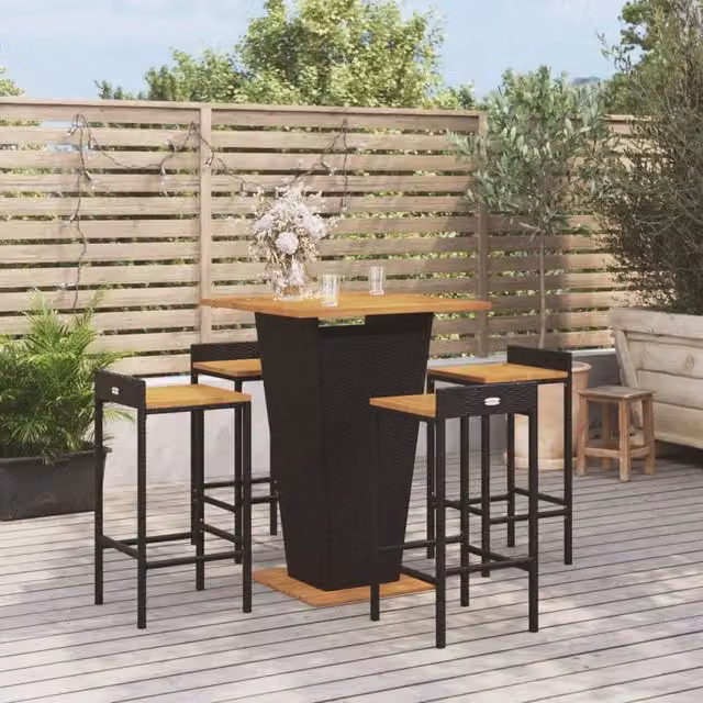 Set Bar Giardino 5 pz Nero Polyrattan e Legno Massello Acacia 3187724