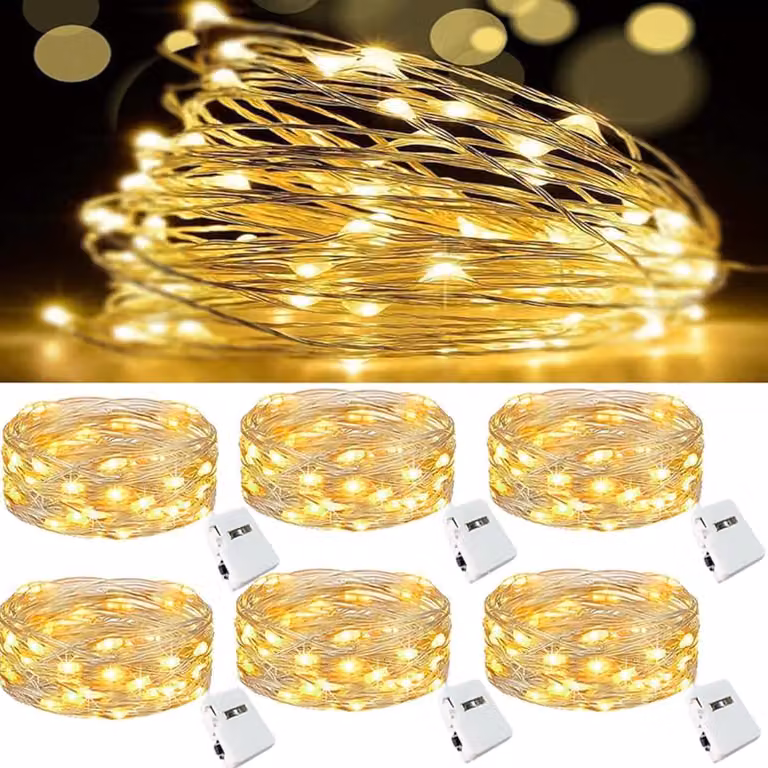 Catena luminosa a LED mini, set da 6, ciascuna lunga 2 metri, luce bianco caldo, alimentazione a batteria