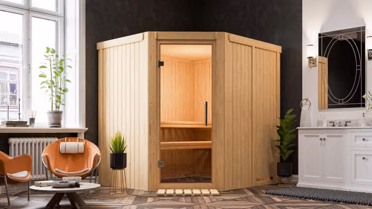 Sauna Siirin: senza cornice luminosa sul tetto: in legno naturale: stufa da 9 kW con controllo integrato: porta in vetro trasparente. Colore: legno naturale. Cornice luminosa sul tetto: assente. Stufa per sauna: 9 kW con controllo integrato. Porta per sau