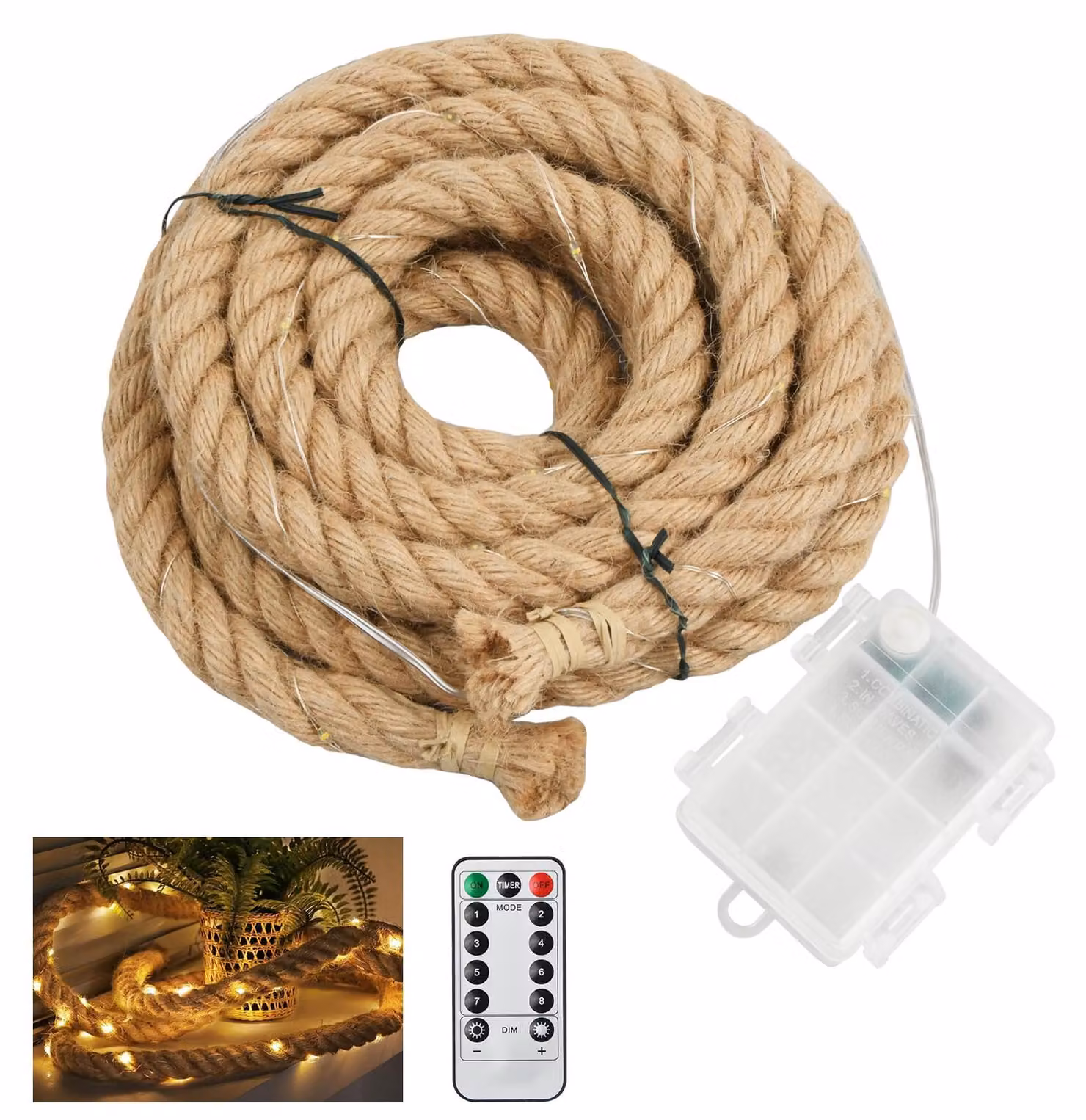 Catena luminosa in corda di canapa, lunghezza 300 cm, 60 LED, con telecomando, 8 modalità