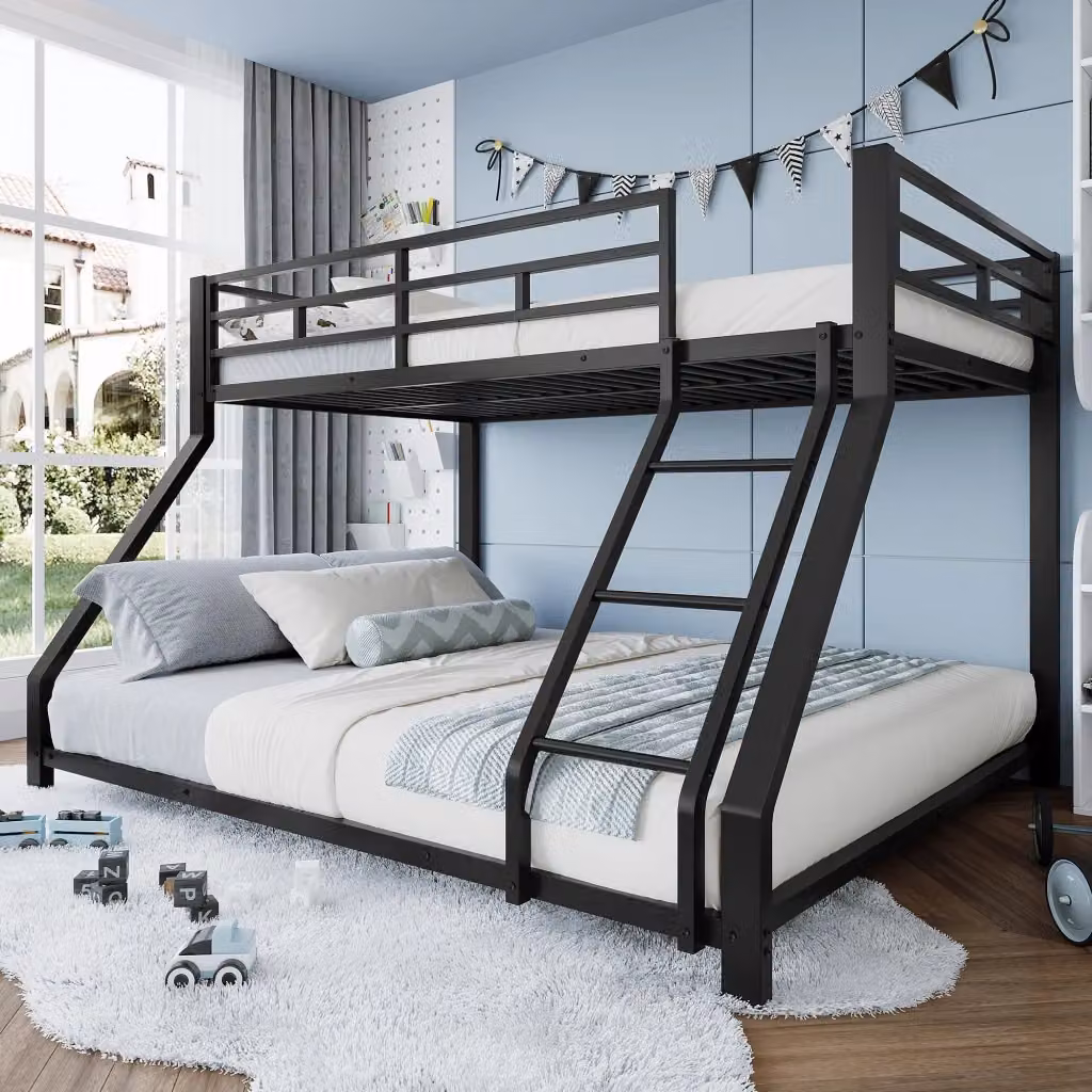Letto a castello moderno in metallo con scala e sponda, colore nero, L/P/H: 90 x 200 x 174,5 cm – 2