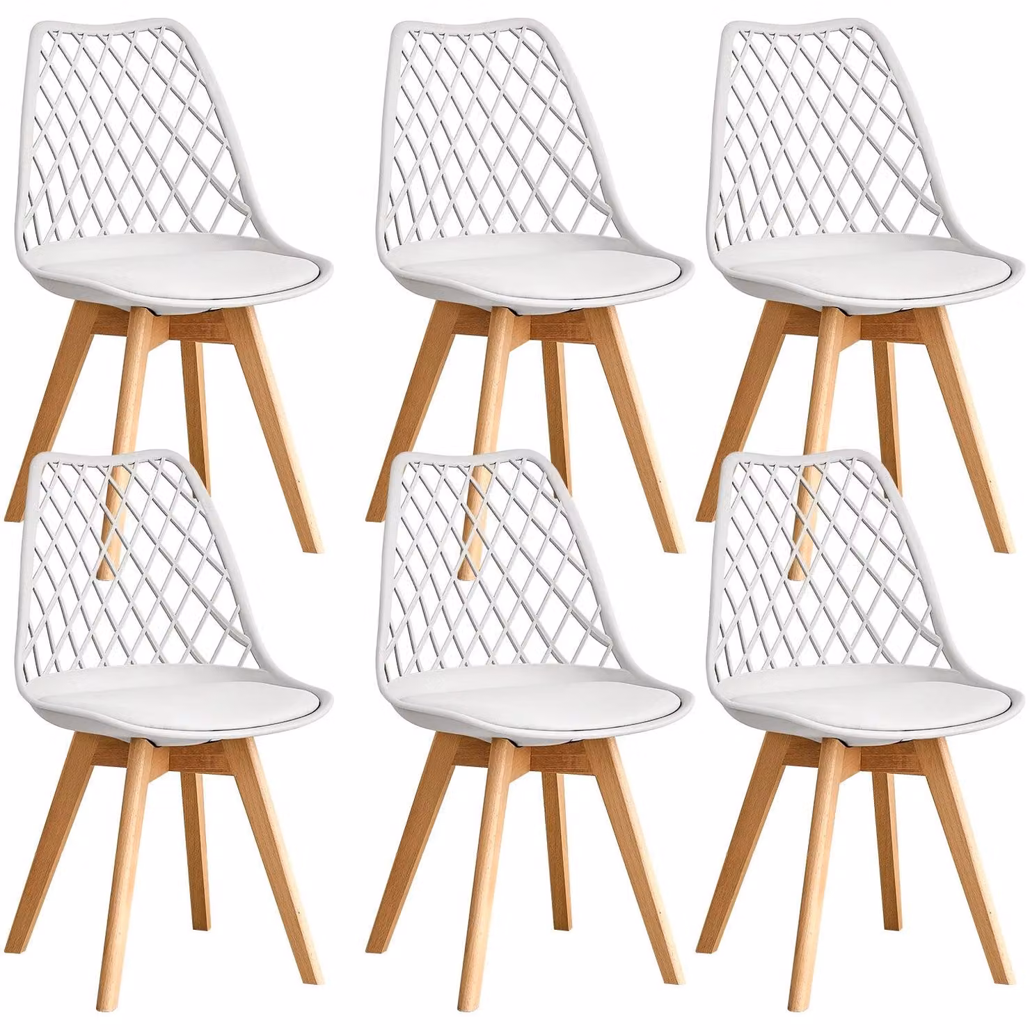 Set di 4 moderne sedie da pranzo con schienale in rete, gambe in legno massello e cuscino imbottito
