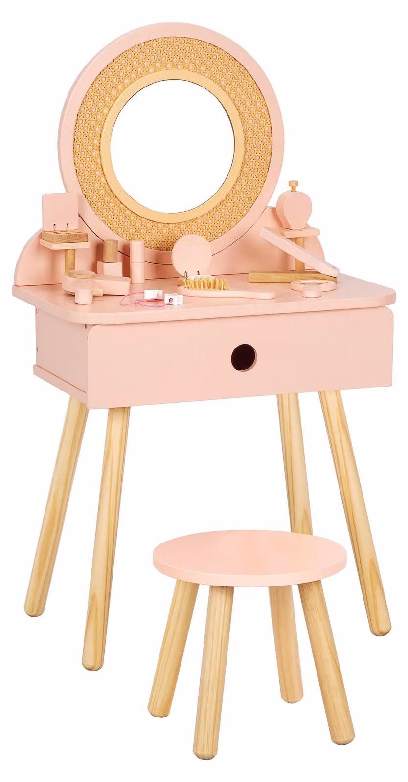 Tooky Toy: Tavolino da trucco in legno per bambini, con finitura effetto rattan, dimensioni 50,5 x 38 x 87 cm