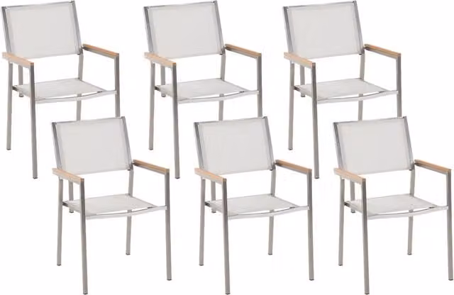 Set di 6 Sedie da Pranzo da Esterno BELIANI con Seduta in Tessuto Bianco e Argento, Gambe in Metallo, Impilabili e con Braccioli – 1