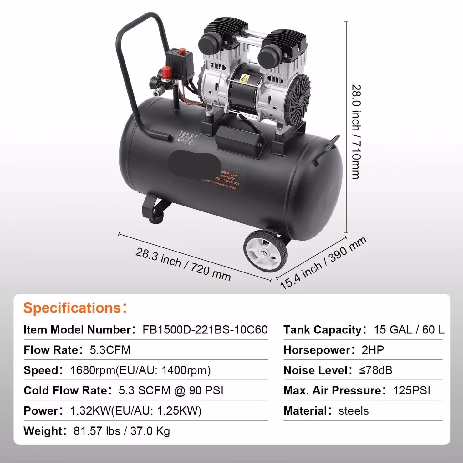 Compressore d'aria silenzioso - Compressore - Compressore d'aria - Pompa per pneumatici - Compressore elettrico - 1,32 kW - 78 dB
