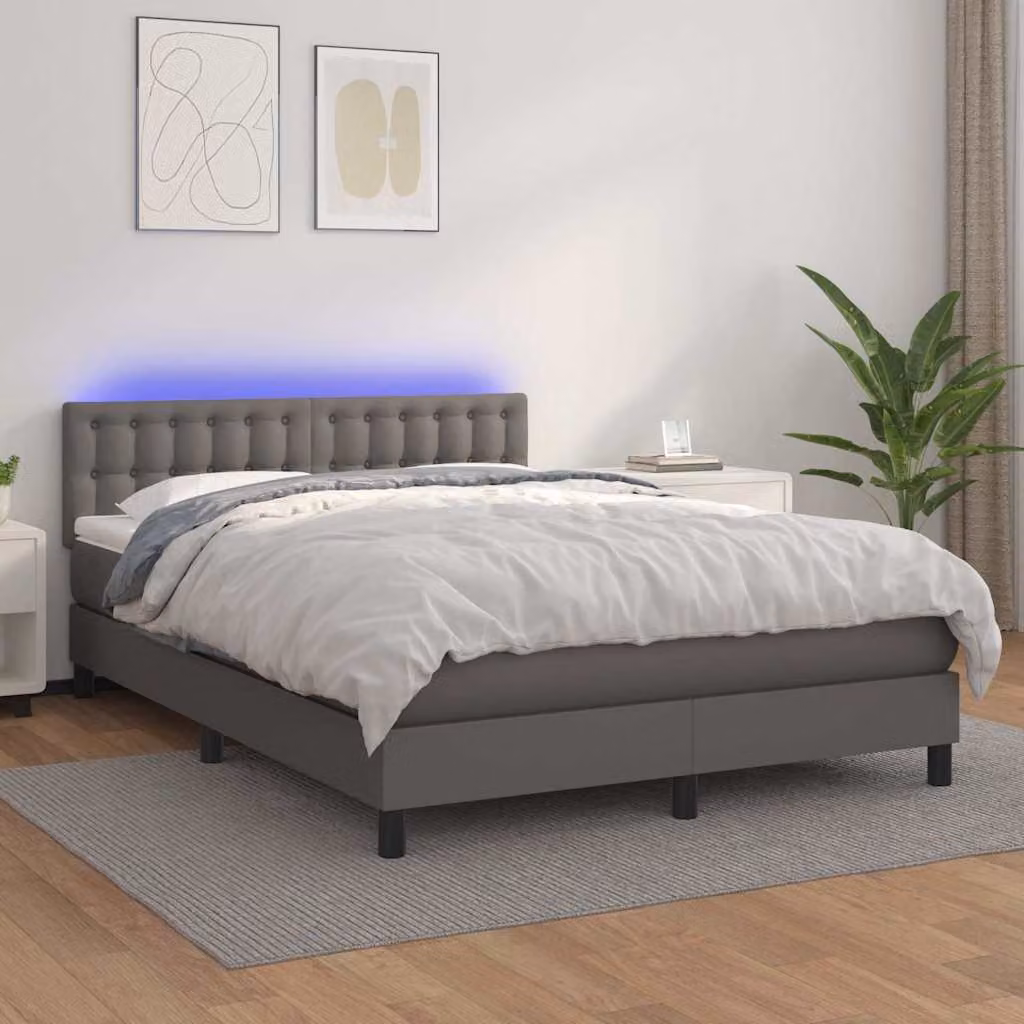 vidaXL Giroletto con Materasso Ibrido e Illuminazione LED in Similpelle Grigia, L/P/H: 140 x 200 cm – 1