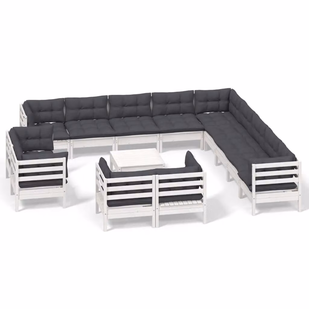 Set Divani da Giardino 14 pz con Cuscini Bianchi Legno di Pino