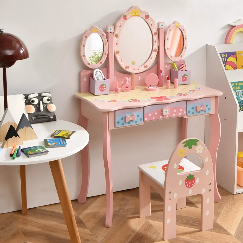Set toeletta Design Mania per bambini con specchio tripartito, 3 cassetti, sgabello e 2 scatole, colore rosa – 2
