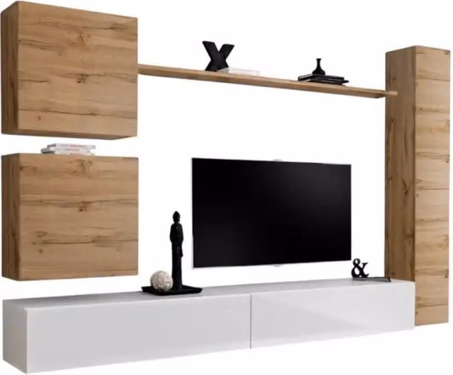 Composizione murale SWITCH VIII – Mobile TV da parete, colonna e cubi sospesi – Bianco lucido e quercia Wotan – Design moderno